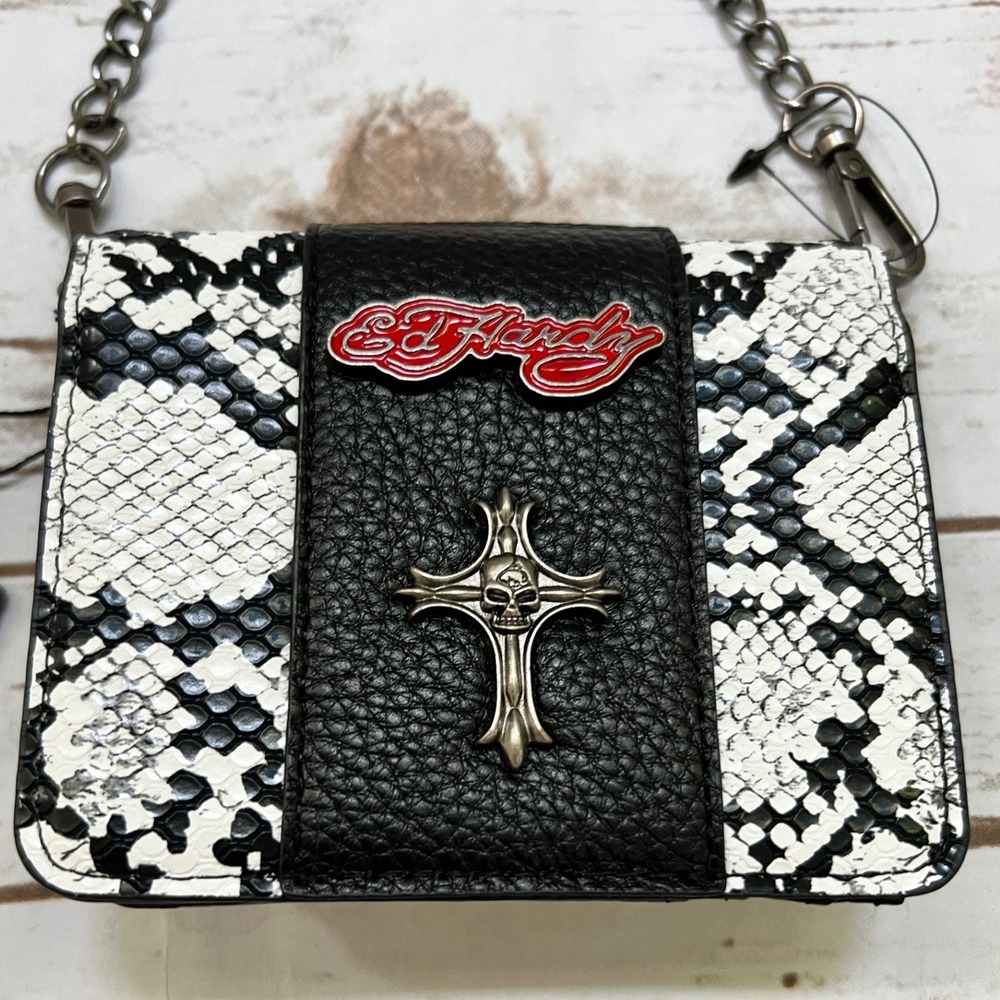Ed Hardy Crossbody Bag Black White Snakeskin Skull‎ Cross Gothic Small OS